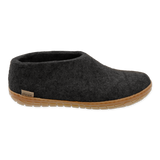 Charcoal shoe with natural rubber sole.