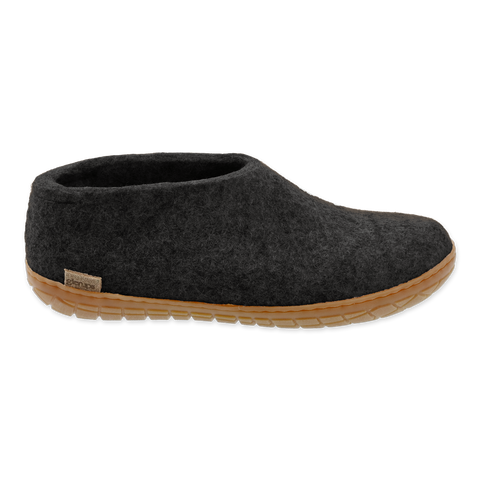 Charcoal shoe with natural rubber sole.