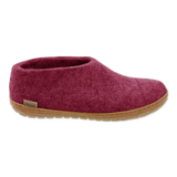 Maroon slipper with a brown sole on a white background