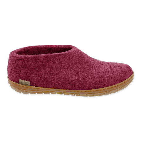 Maroon slipper with a brown sole on a white background
