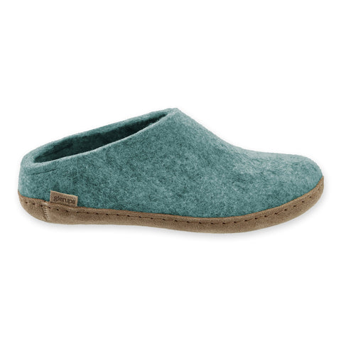 Teal slipper with leather sole on a white background