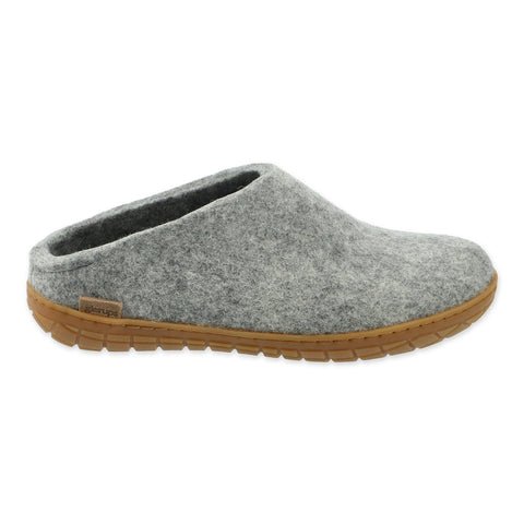 Gray slipper with rubber sole on a white background