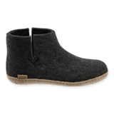 Charcoal wool boot with a leather sole.