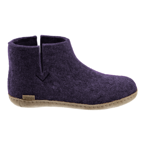 Purple wool boot with a leather sole.