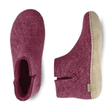 Top and side view of a Cranberry wool boot with a leather sole.