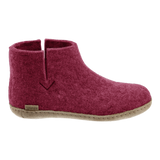 Cranberry wool boot with a leather sole.