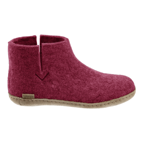 Cranberry wool boot with a leather sole.
