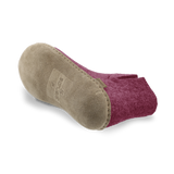 Bottom view of a Cranberry wool boot with a leather sole.