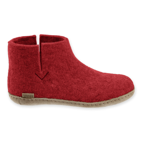 Red wool boot with leather sole.