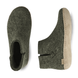 Top and side view of a Forrest Green wool boot with a leather sole.