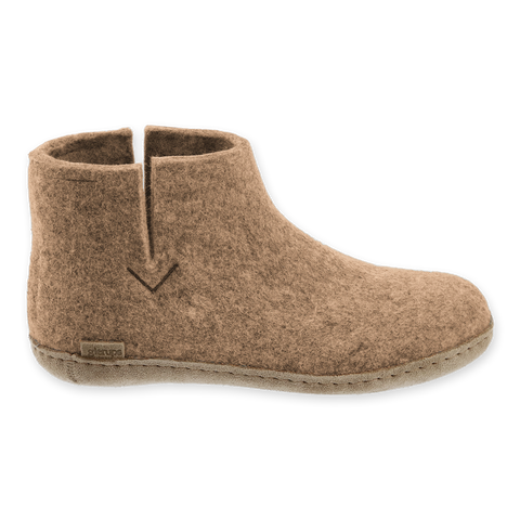Sand wool boot with leather sole.