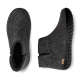 Top and bottom view of a Black wool boot with a black rubber sole.