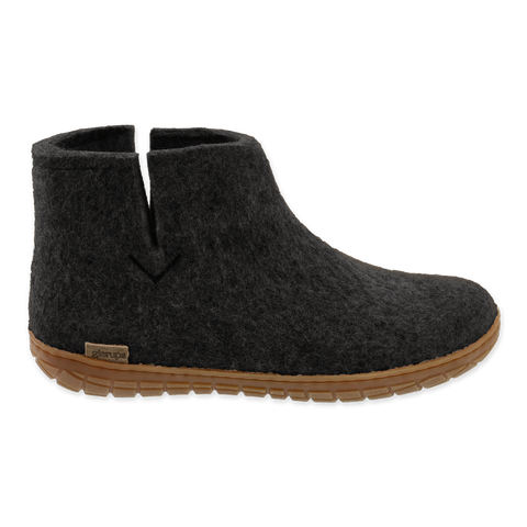 Charcoal wool boot with a natural rubber sole on a white background