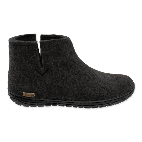 Black wool boot with a black rubber sole.