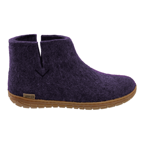 Purple wool boot with a natural rubber sole.