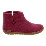 Cranberry wool boot with natural rubber sole on a white background.