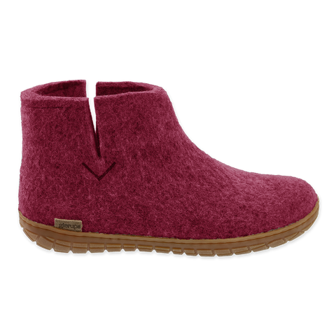 Cranberry wool boot with natural rubber sole on a white background.