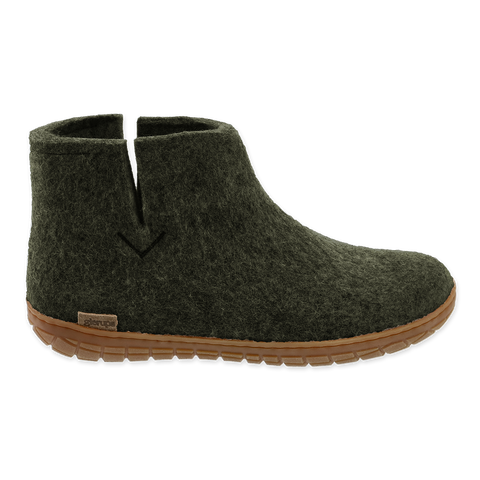 Forrest green wool boot with a natural rubber sole on a white background