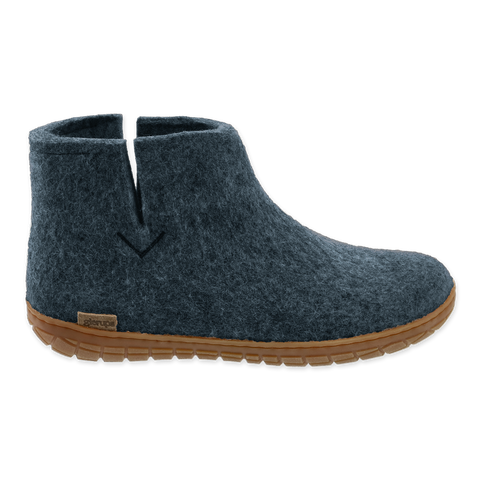 Denim wool boot with a natural rubber sole.