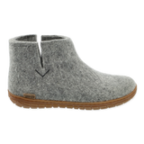 Grey wool boot with a natural rubber sole.