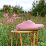 Pink slipper on a small wooden stool in a natural setting with grass and flowers.