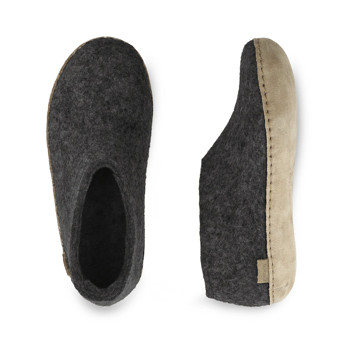 Pair of gray slippers with a leather sole on a white background