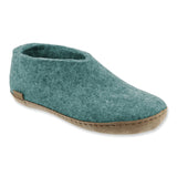 Teal felt slipper on a white background