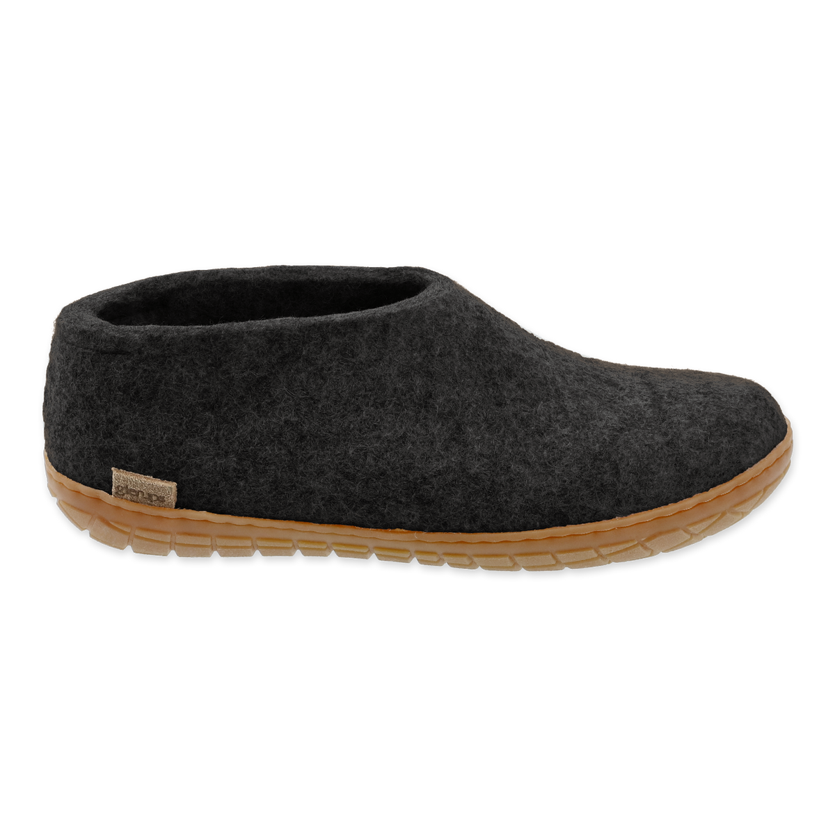 Charcoal shoe with natural rubber sole.