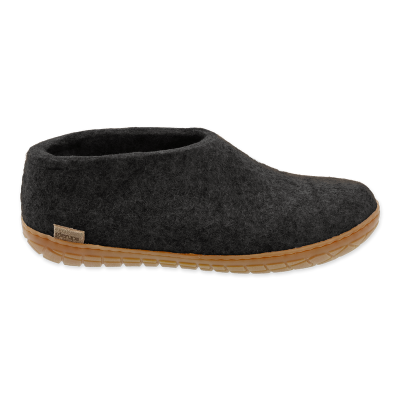 Charcoal shoe with natural rubber sole.