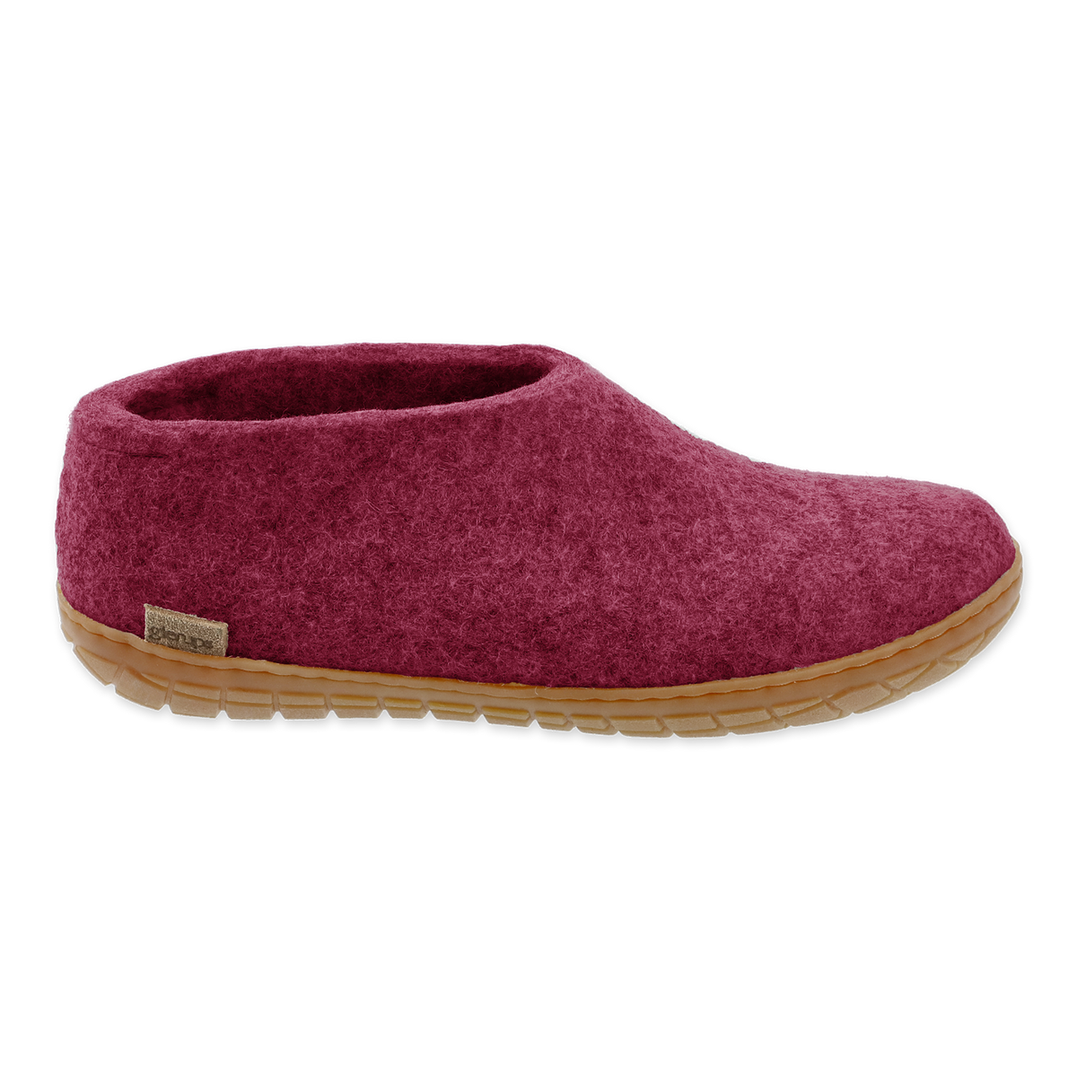 Maroon slipper with a brown sole on a white background