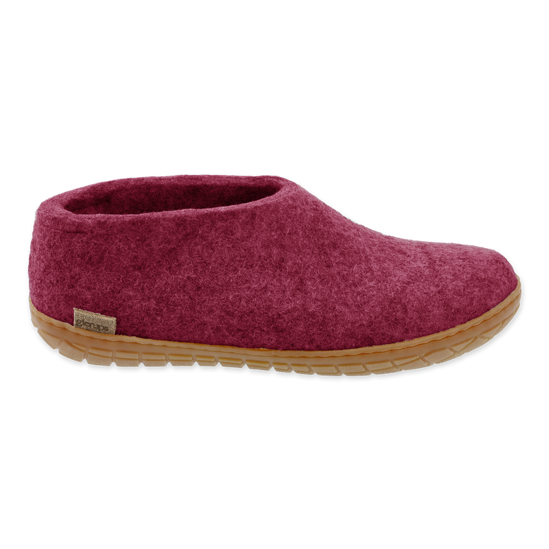 Maroon slipper with a brown sole on a white background