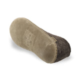 Close-up of a brown slipper with a visible brand logo on a white background