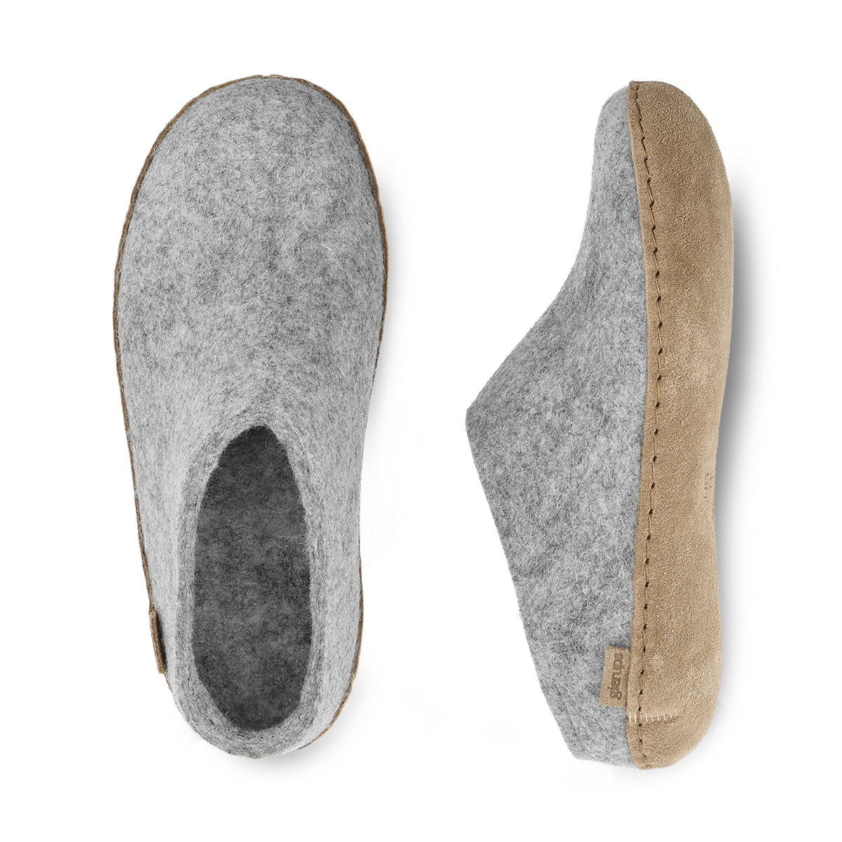 Gray slippers with a leather sole on a white background