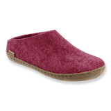 Cranberry wool slipper with leather sole on a white background
