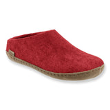 Red slipper with a leather sole on a white background