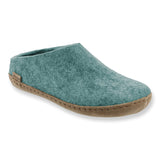 Teal slipper with leather sole on a white background