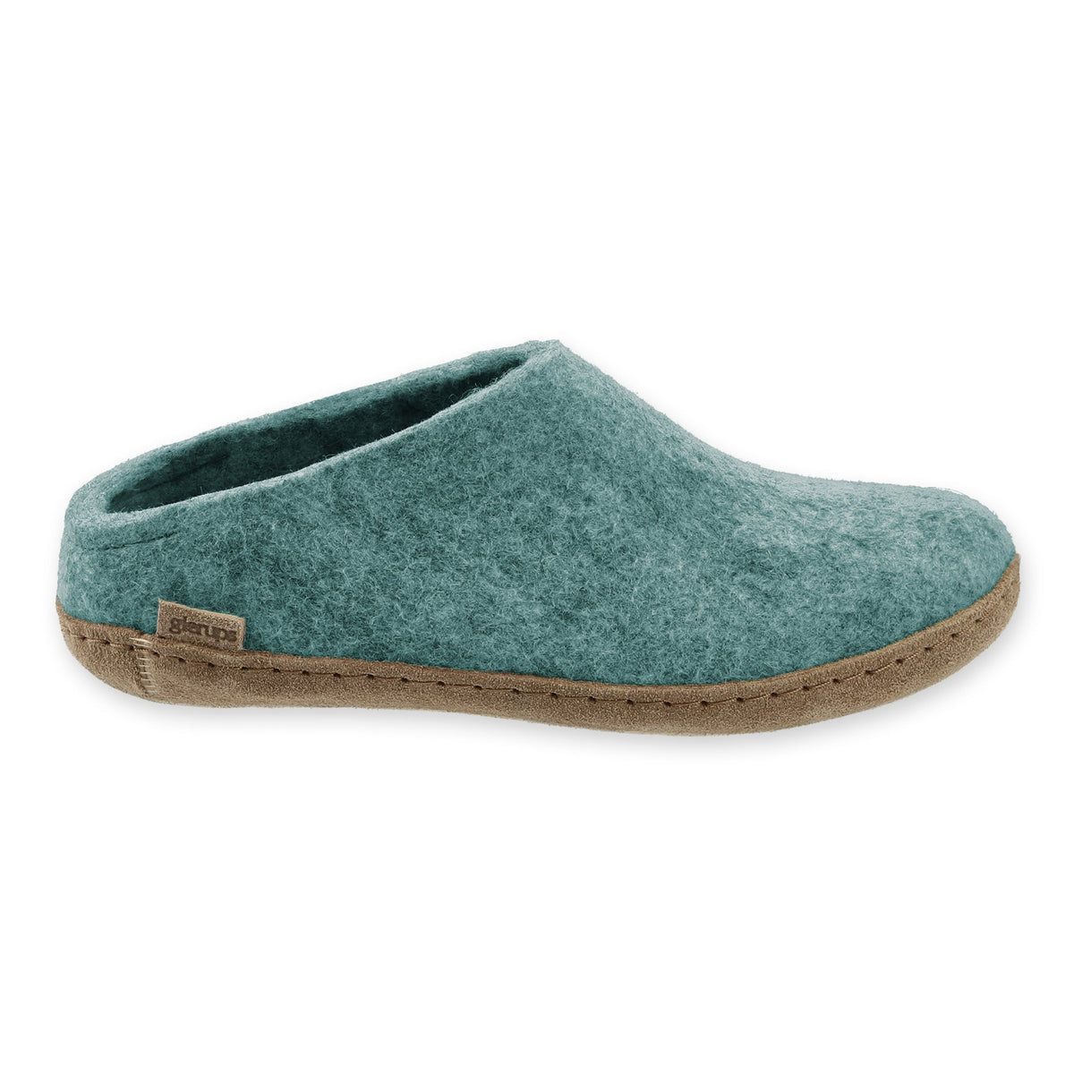 Teal slipper with leather sole on a white background