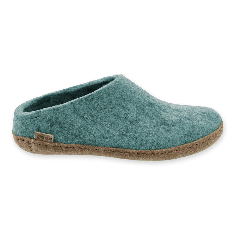 Teal slipper with leather sole on a white background