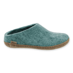 Slip-on Teal slipper with leather sole on a white background