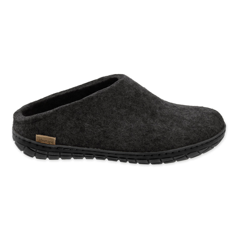 Gray slipper with a brand label on a white background