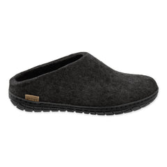Slip-on Gray slipper with a brand label on a white background