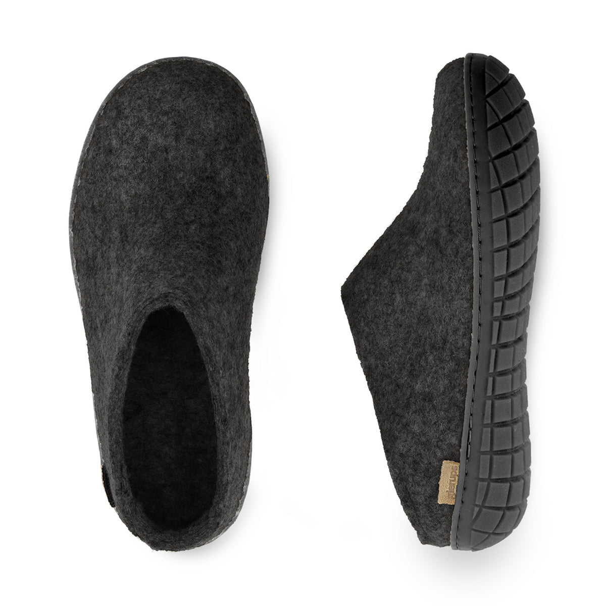 Dark gray slippers with textured sole on a white background
