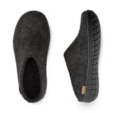 Dark gray slippers with textured sole on a white background