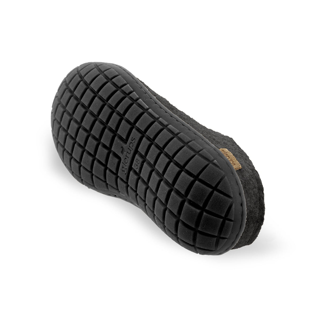 Black slipper with textured sole on a white background