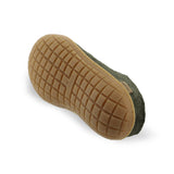 Close-up of a green shoe with rubber sole on a white background