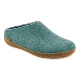 Teal slipper with rubber sole on a white background