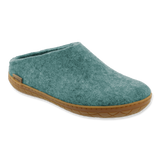 Teal slipper with a natural rubber sole on a white background