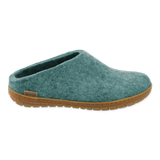 Teal slipper with a natural rubber sole on a white background