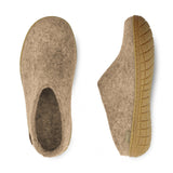 Pair of brown slippers with textured rubber sole on a white background