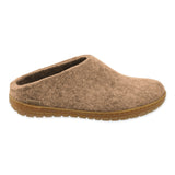Brown slipper with a rubber sole on a white background